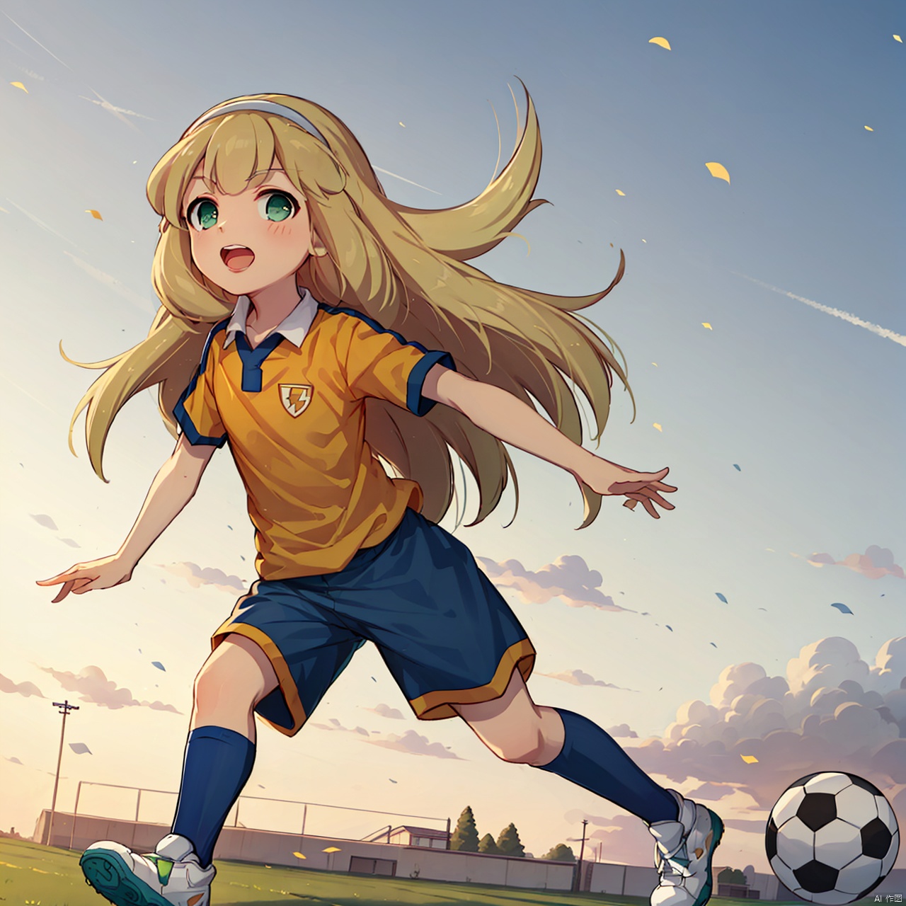 masterpiece,best quality,1girl,loli,nanobana kinako,solo, long hair, open mouth, blonde hair, green eyes, hairband, ball, sportswear, soccer uniform, lightning bolt symbol, soccer, raimon soccer uniform,day,play football,