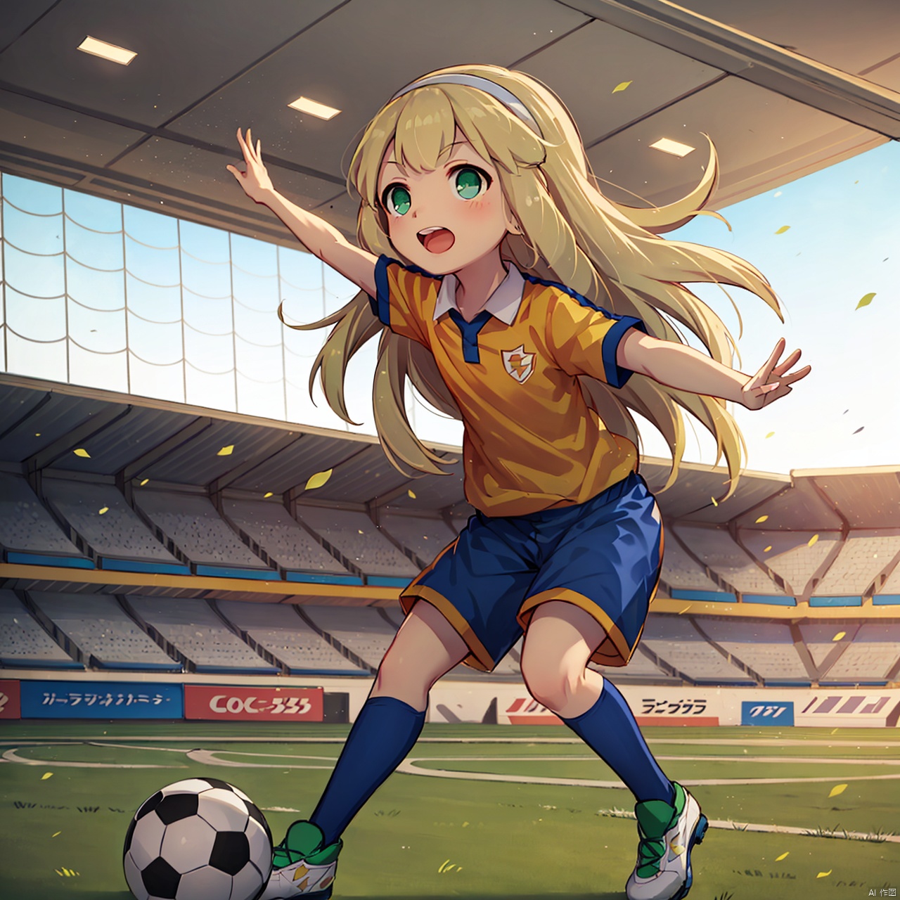 masterpiece,best quality,1girl,loli,nanobana kinako,solo, long hair, open mouth, blonde hair, green eyes, hairband, ball, sportswear, soccer uniform, lightning bolt symbol, soccer ball, raimon, soccer, telstar, raimon soccer uniform,day,Football Field,