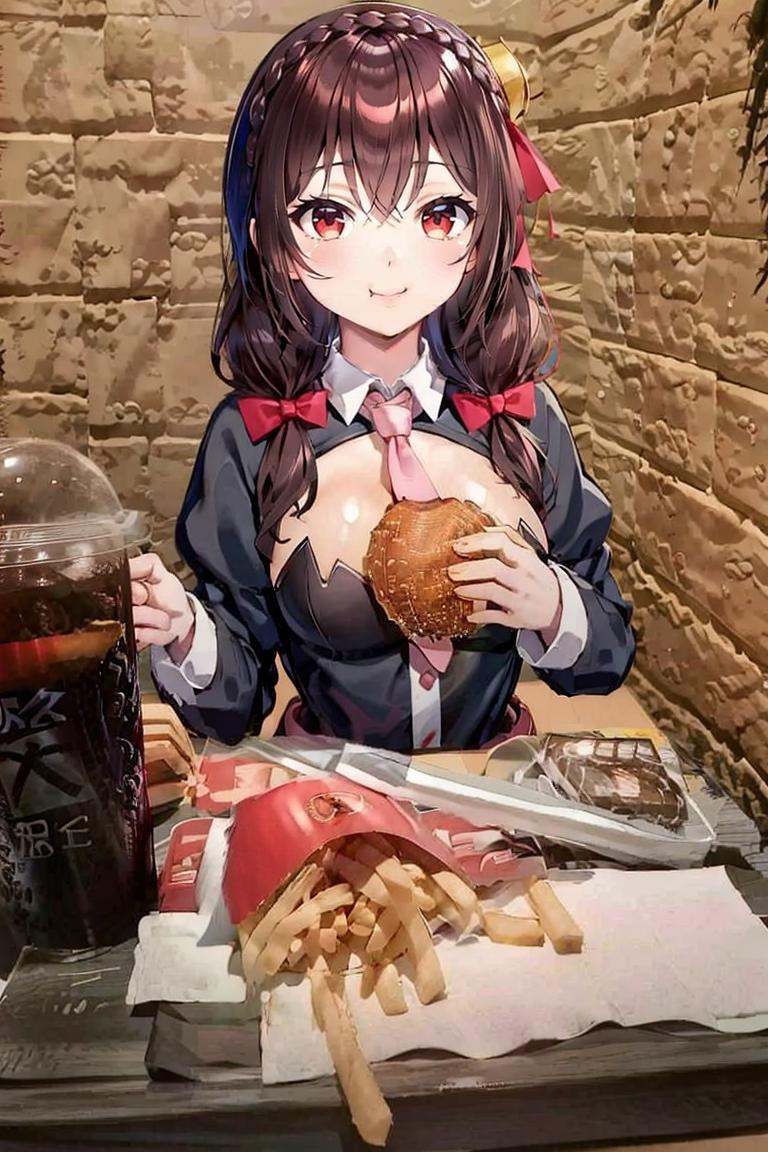 <lora:McDate_with_2D_Waifu:0.8>, McDate_with_2D_Waifu, smile, looking at viewer, ((masterpiece,best quality)), yunyun1, 1girl, red eyes,  thighhighs, necktie, skirt, braid, long hair, pink necktie, large breasts, belt, hair ornament, black hair, hair bow, crown braid, long sleeves, brown hair, twintails, <lora:yunyun_v1:0.6>,
