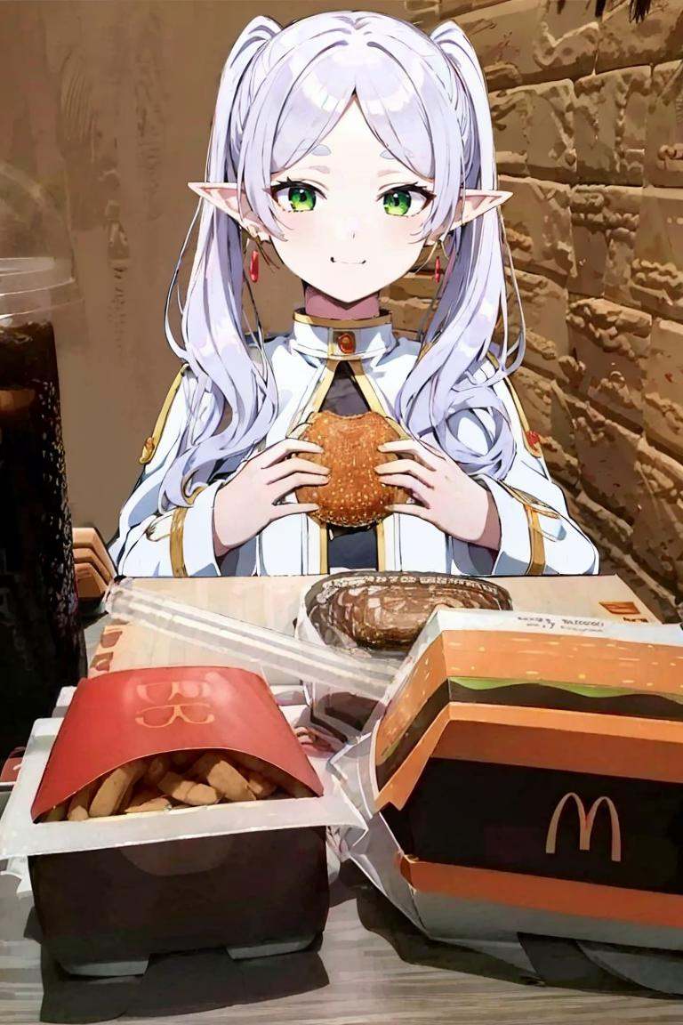 <lora:McDate_with_2D_Waifu:0.8>, McDate_with_2D_Waifu, smile, looking at viewer, ((masterpiece,best quality)), aafrie, long hair, white hair, twintails, pointy ears, earrings, green eyes, thick eyebrows, white capelet, striped shirt, long sleeves, <lora:frieren_v1:0.7>, 