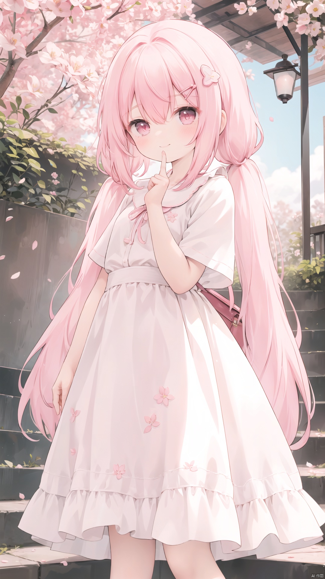 1girl, solo, long hair, looking at viewer, blush, smile, bangs, hair ornament, red eyes, dress, hair between eyes, twintails, very long hair, closed mouth, standing, pink hair, flower, short sleeves, outdoors, day, hairclip, pink eyes, bag, white dress, tree, petals, cherry blossoms, index finger raised, finger to mouth, pink flower, stairs
