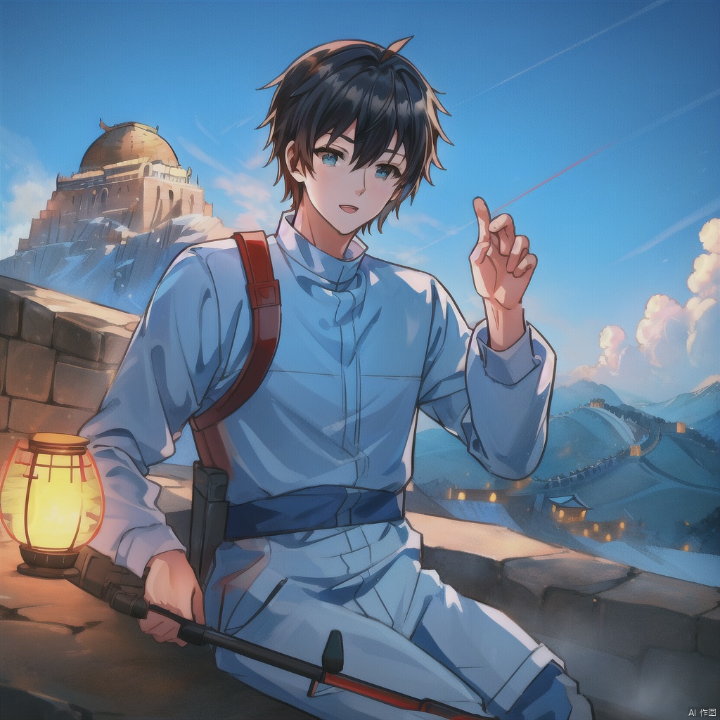 1boy,solo,Visit the Great Wall
,(((masterpiece))),((best quality)),8k,available light,shinkai style -- ar 1:1 -- iw 0.3 -- niji 5 -- s 100, ,