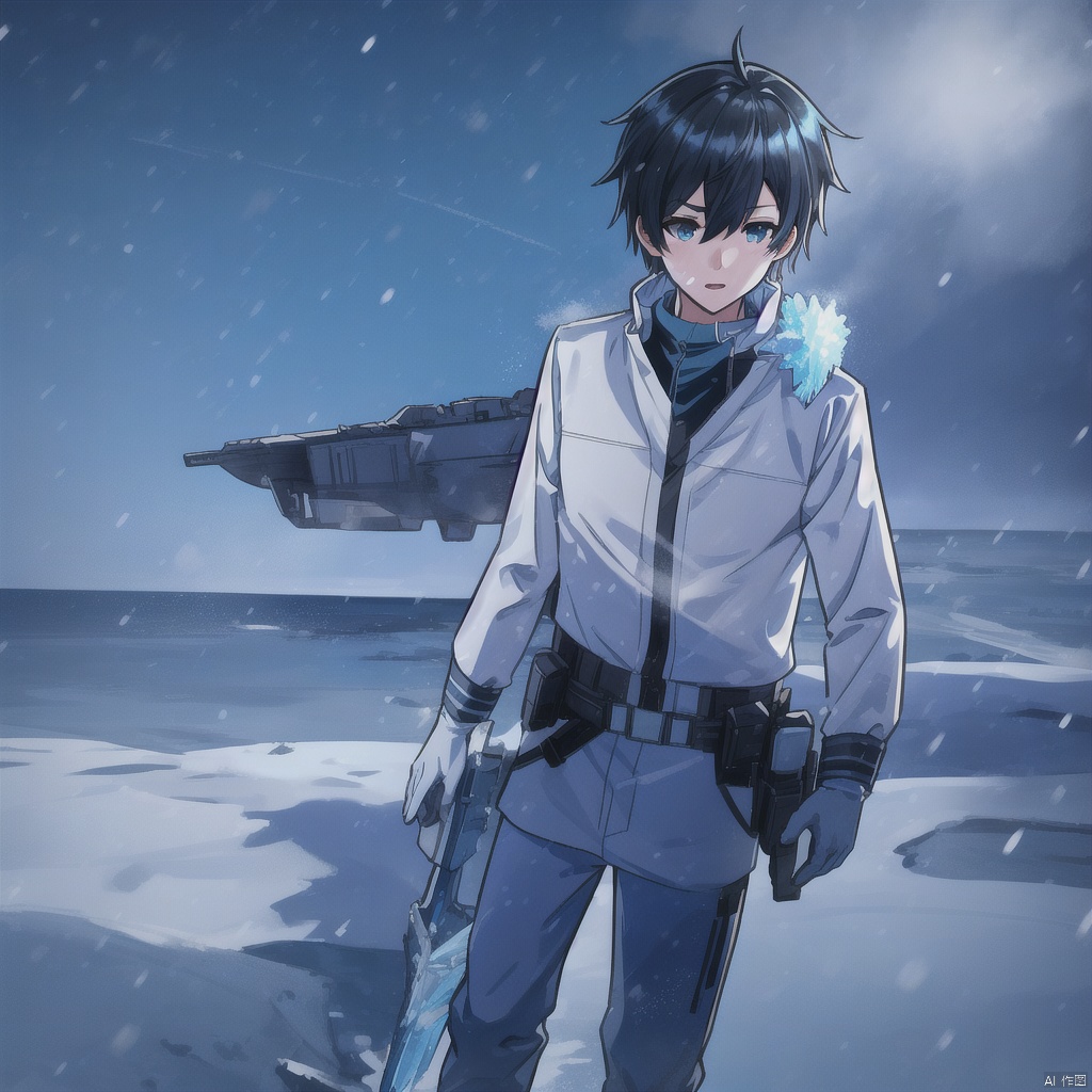 1boy,solo,snow,stronghold,Combat Uniform,Ice debris on the sea, huge icebreakers
,(((masterpiece))),((best quality)),8k,available light,shinkai style -- ar 4:3 -- iw 0.3 -- niji 5 -- s 100, ,