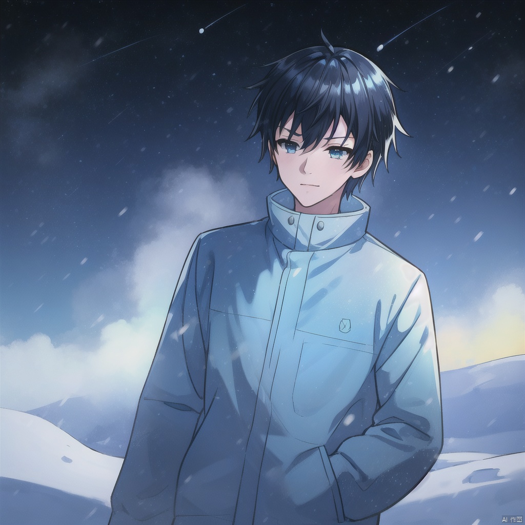 1boy,solo,snow,Starry night
,(((masterpiece))),((best quality)),8k,available light,shinkai style -- ar 4:3 -- iw 0.3 -- niji 5 -- s 100, ,