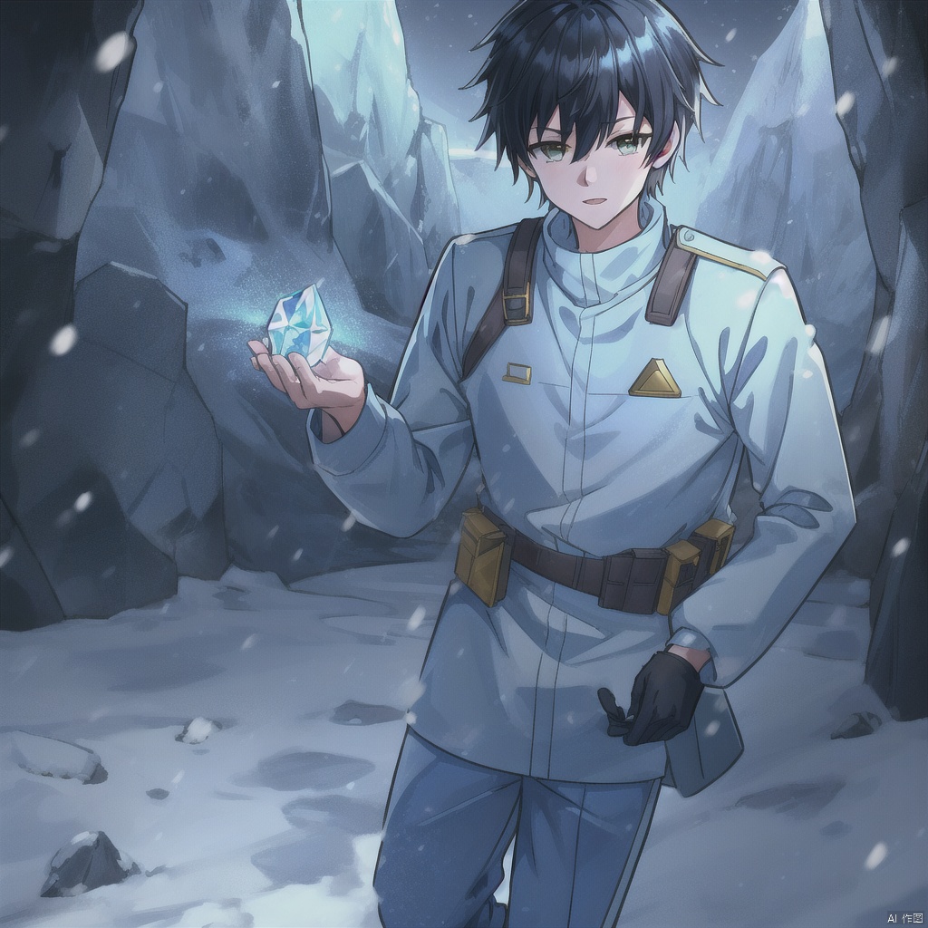 1boy,solo,snow,stronghold,Combat Uniform,A yellow crystal in the mine cave
,(((masterpiece))),((best quality)),8k,available light,shinkai style -- ar 4:3 -- iw 0.3 -- niji 5 -- s 100, ,