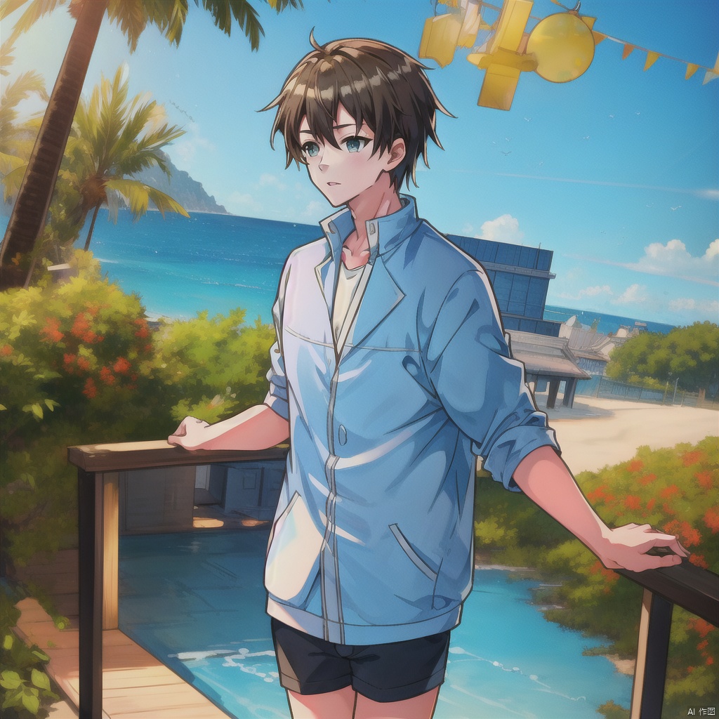 1boy,solo,Vacation style,Strolling
,(((masterpiece))),((best quality)),8k,available light,shinkai style -- ar 1:1 -- iw 0.3 -- niji 5 -- s 100, ,