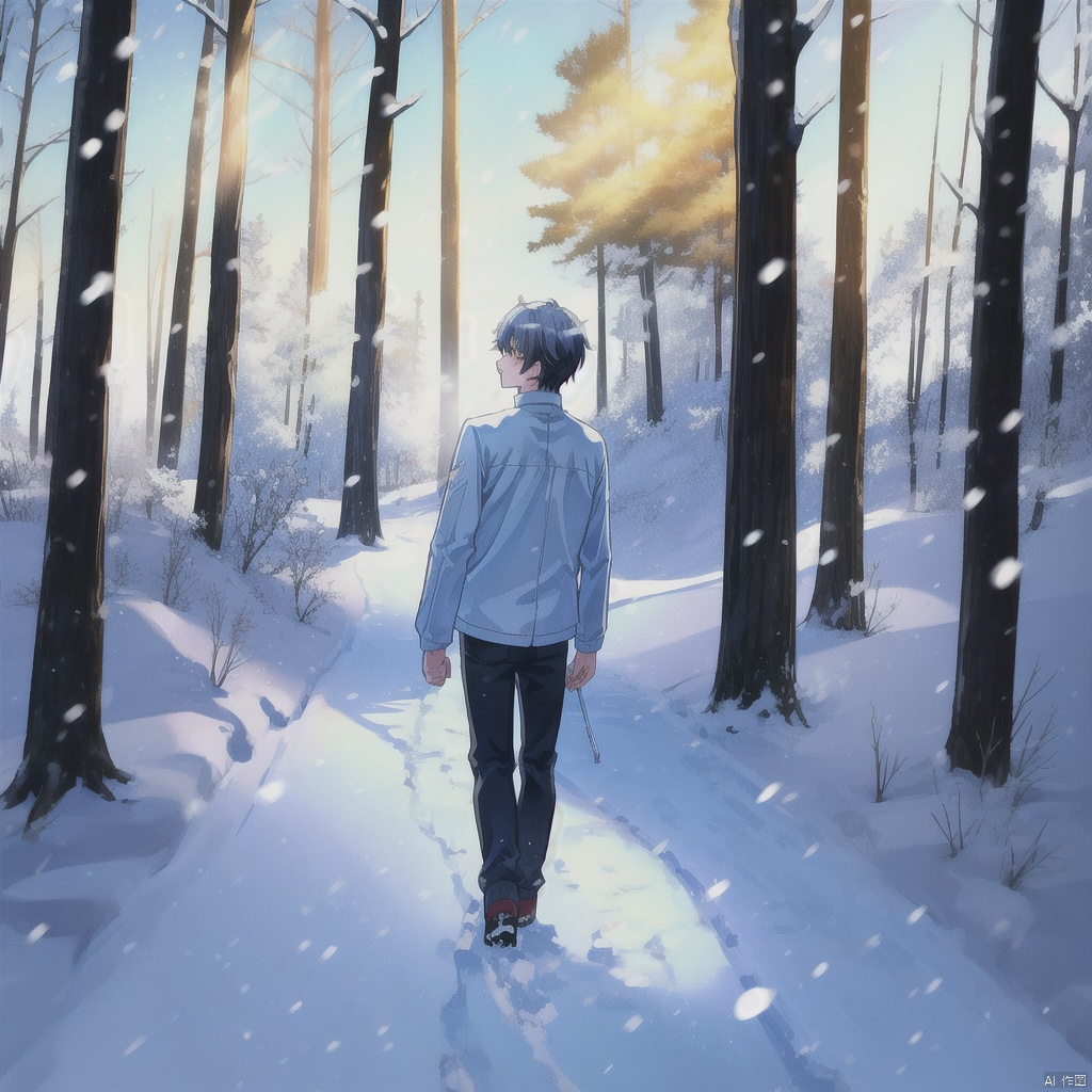 1boy,solo,Strolling through the woods,snow,
,(((masterpiece))),((best quality)),8k,available light,shinkai style -- ar 1:1 -- iw 0.3 -- niji 5 -- s 100, ,