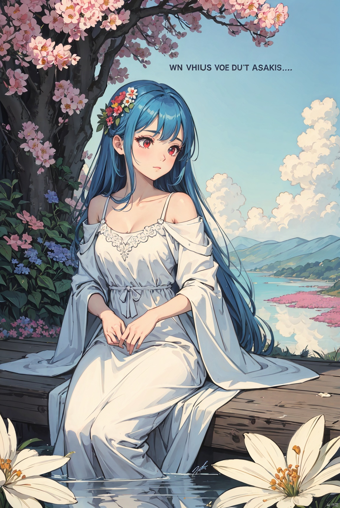 best quality, masterpiece, illustration, (reflection light), incredibly absurdres, (Movie Poster), (signature:1.3), (English text:1.3), 1girl, girl middle of flower, pure skyblue hair, red eyes, clear sky, outside, collarbone, loli, sitting, absurdly long hair, clear boundaries of the cloth, white dress, fantastic scenery, ground of flowers, thousand of flowers, colorful flowers, flowers around her, various flowers,