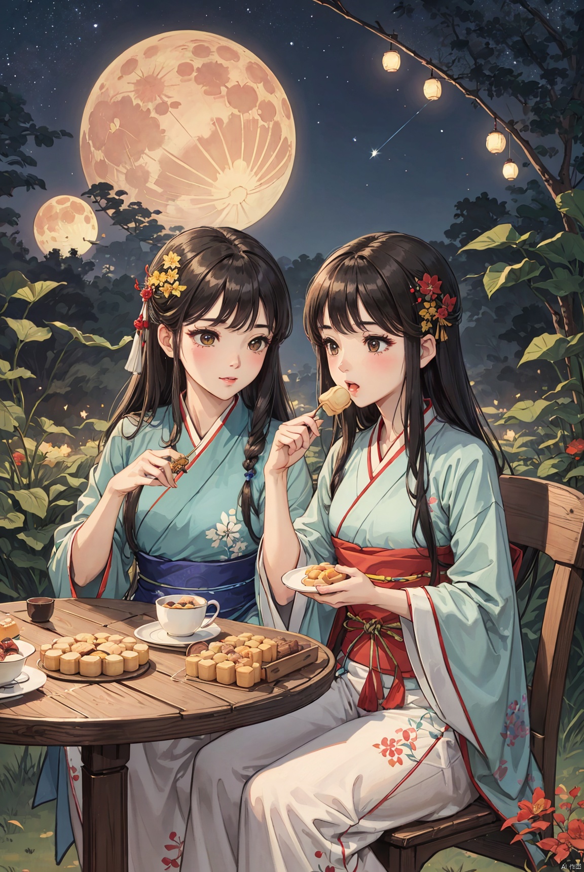 During the Mid Autumn Festival, two girls, dressed in blue embroidered Hanfu, sat in the yard eating mooncakes, dancing, starry sky, kittens, tables and chairs, mooncakes, grasslands, vegetable gardens, and fruit trees,