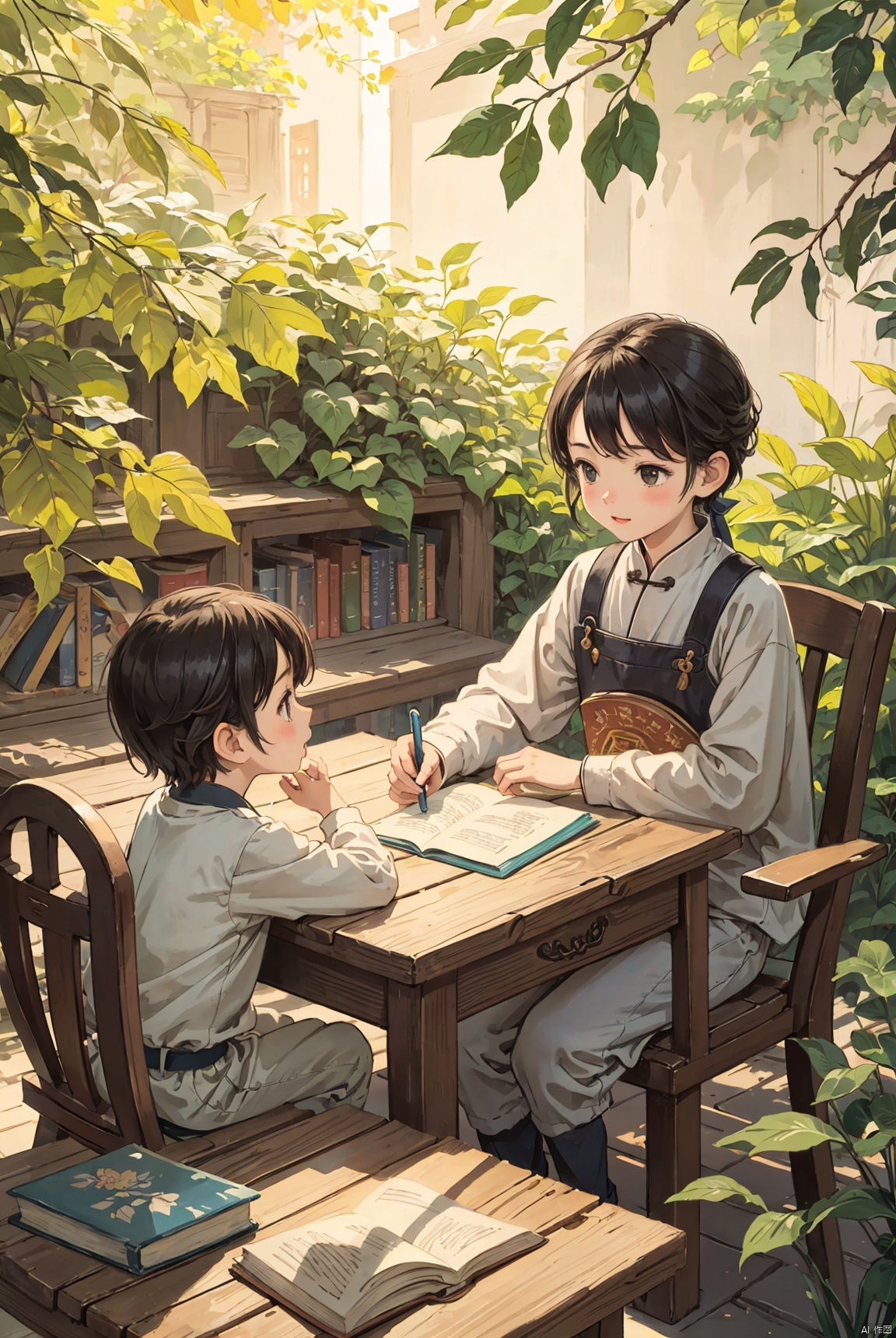 High definition perfect picture quality, masterpiece, China, rural quadrangles, small courtyards, sunlight falling through leaves (two little boys and two little girls), wooden tables and chairs, a pile of ancient books on the table, basking in the sun for leisure, warm visual effects, childhood memories, children's illustration books, rich picture backgrounds, perfect composition,
