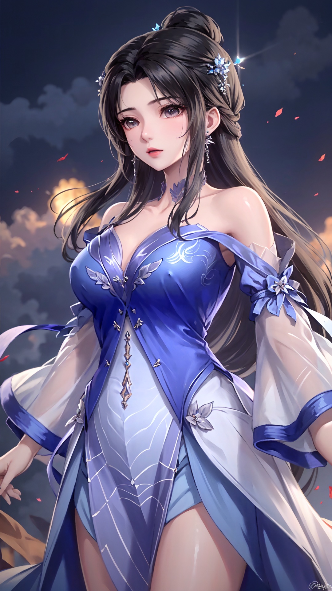  masterpiece,best quality,1girl, bare_shoulders, dress, hair ornament, blue dress, solo, black hair, long hair, hair bun, jewelry, earrings, cowboy shot, dynamic pose, dynamic angle,