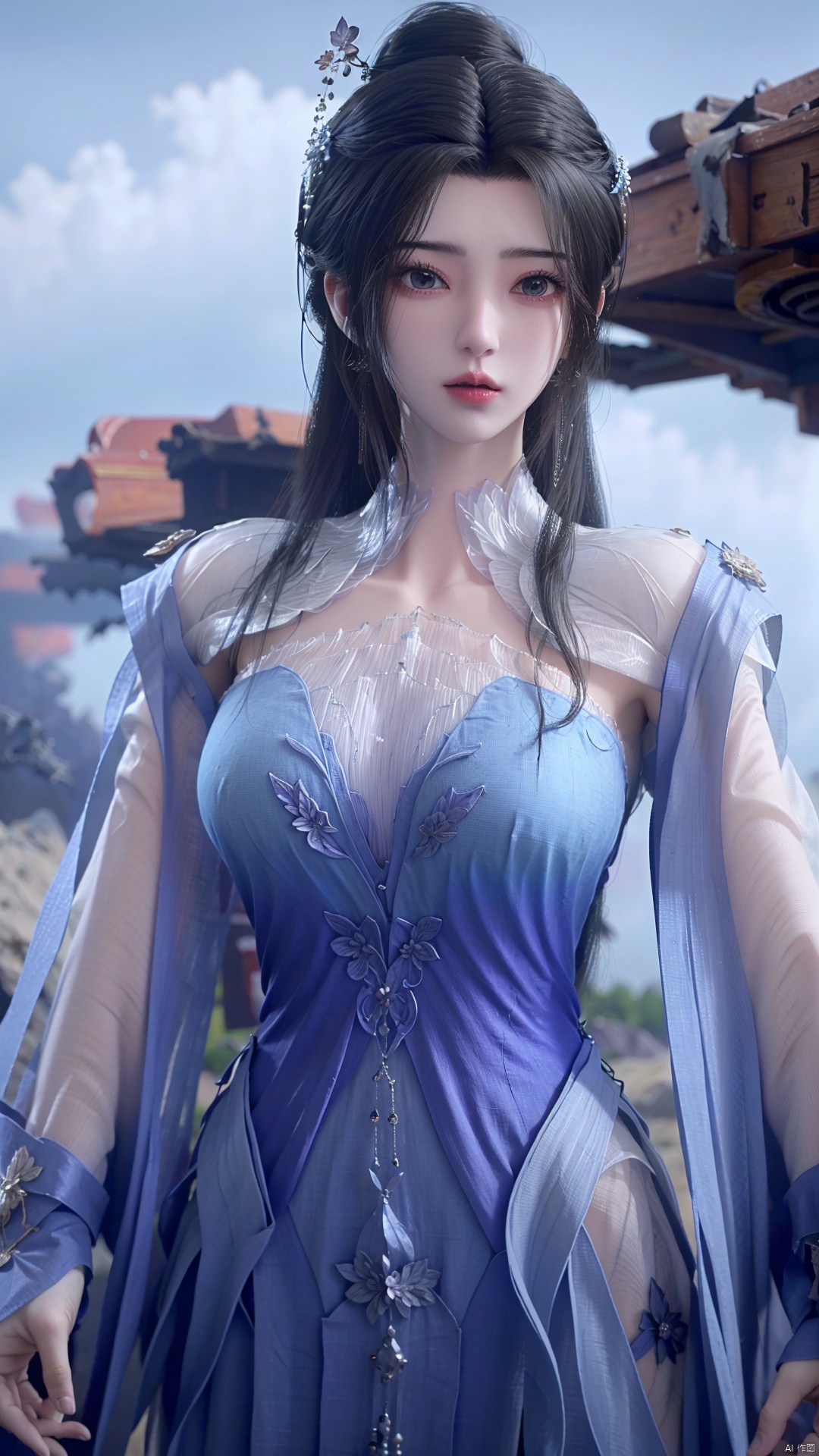  masterpiece,best quality,1girl, dress, hair ornament, blue dress, solo, black hair, long hair, hair bun, cowboy shot, dynamic pose, dynamic angle,