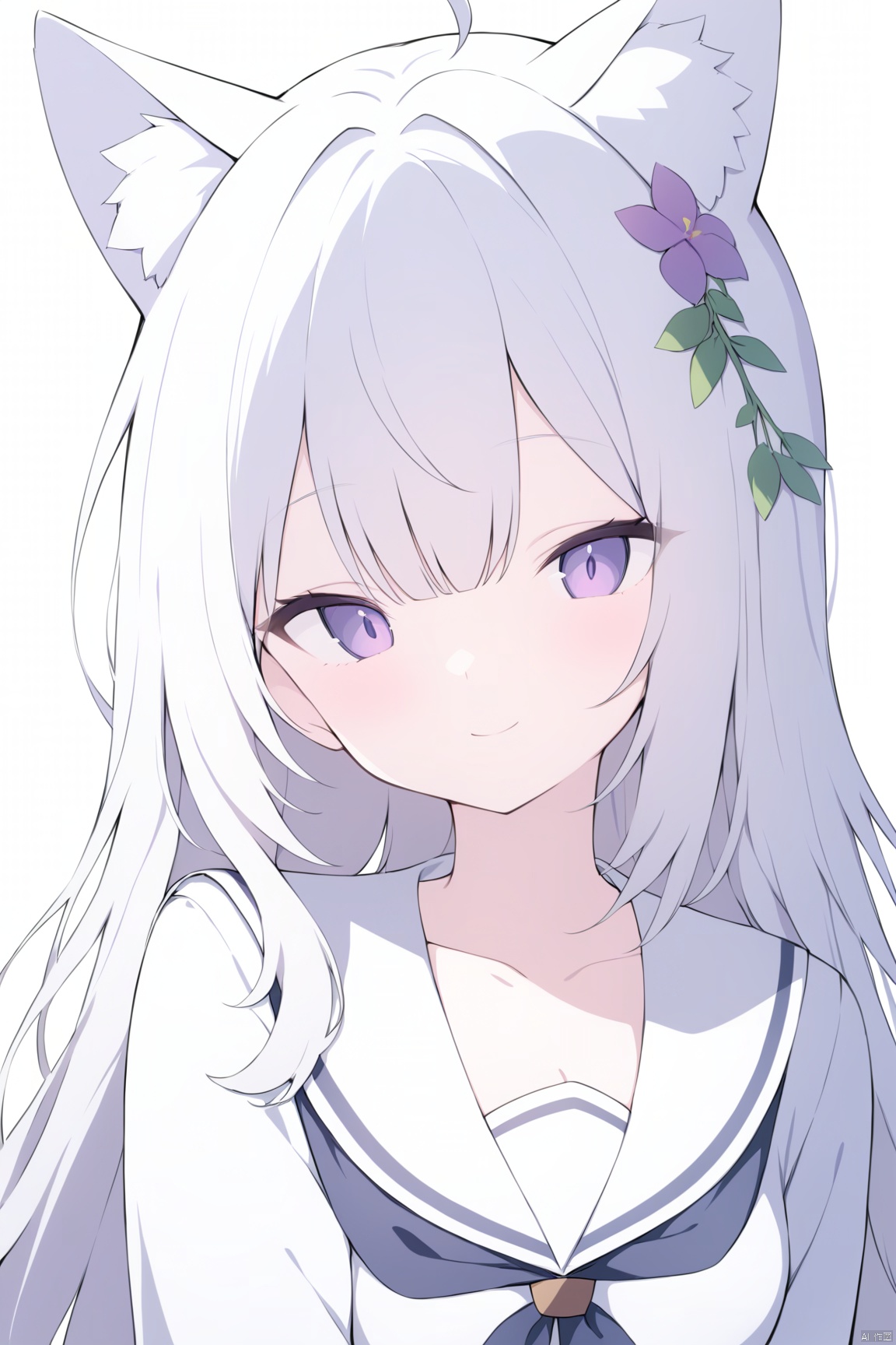  cleavage, (cat ears), half-closed eyes, school uniform, 1girl, solo, looking at viewer, flower, long hair, bangs, closed mouth, simple background, white background, upper body, white hair, hair intakes, purple eyes, expressionless, eyelashes, best quality, smile, White cat ears