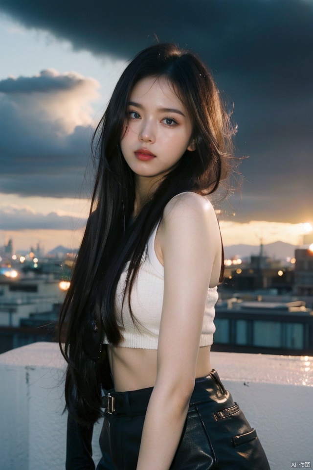 NSFW,Frontal photography,Look front,evening,dark clouds,the setting sun,On the city rooftop,A 20 year old female,Black top,Black Leggings,black hair,long hair, dark theme, muted tones, pastel colors, high contrast, (natural skin texture, A dim light, high clarity) ((sky background))((Facial highlights)),,