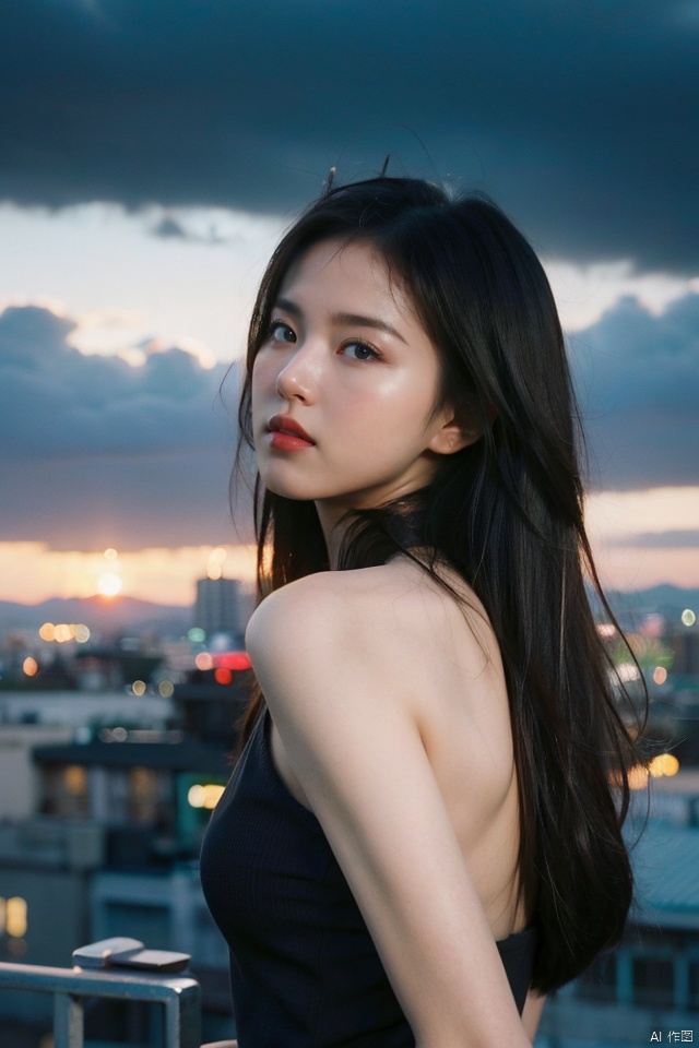 NSFW,Frontal photography,Look front,evening,dark clouds,the setting sun,On the city rooftop,A 20 year old female,Black top,Black Leggings,black hair,long hair, dark theme, muted tones, pastel colors, high contrast, (natural skin texture, A dim light, high clarity) ((sky background))((Facial highlights)),,