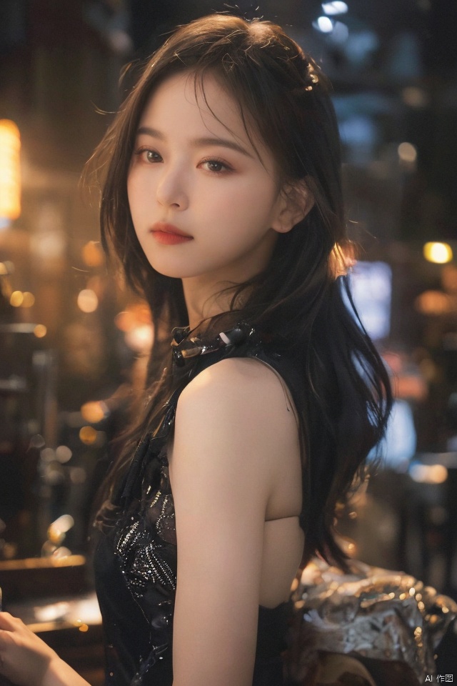 best quality,masterpiece,ultra high res,looking at viewer,simple background,studio,side light,makeup portrait,black eyeshadow, , 1girl,a beautiful female rock star. Provide a detailed description including specific image details, and a detailed description of the setting, atmosphere, mood, and vibe. Use professional photography and composition language.
