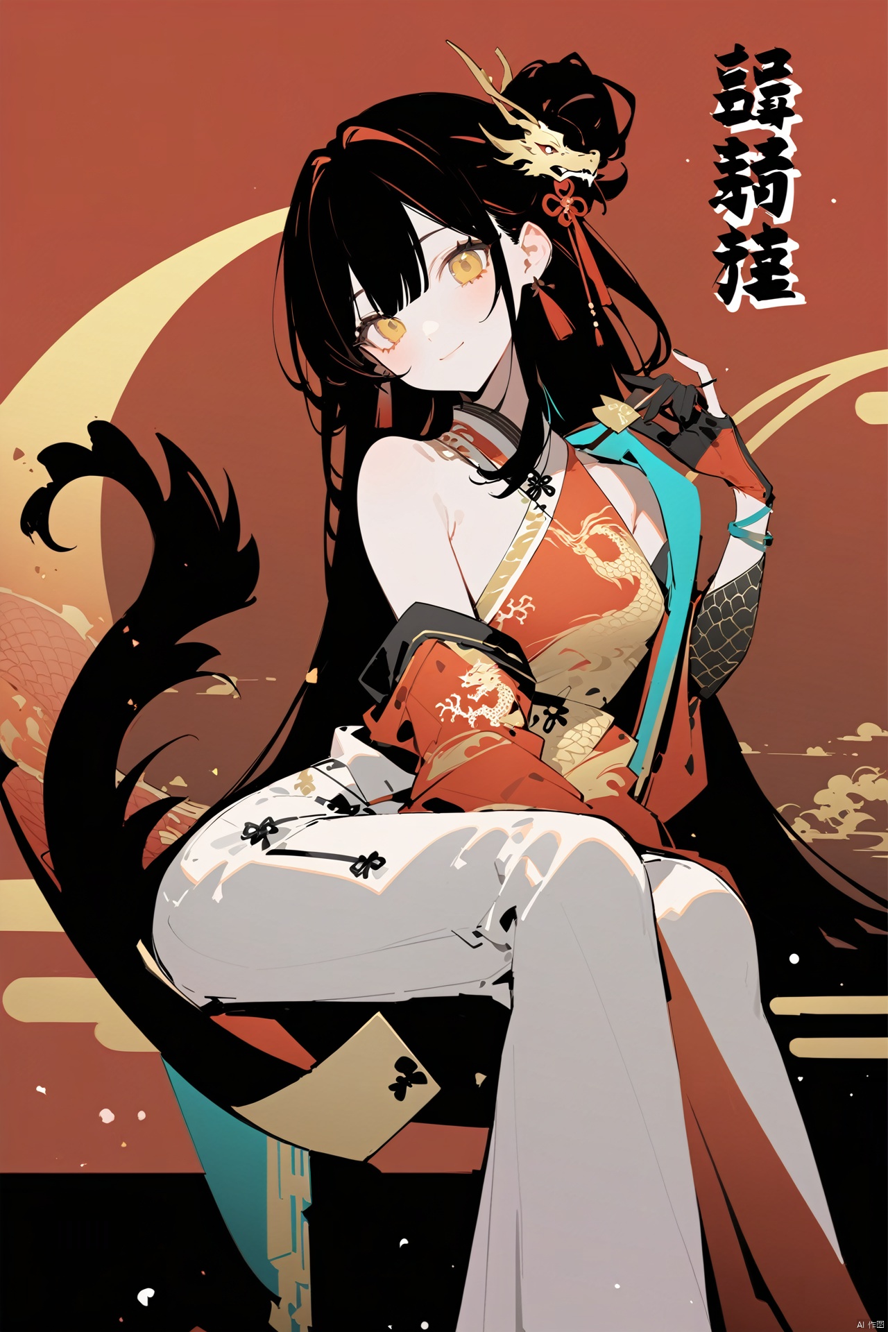  {artist:rella}, {artist:ask(askzy)},[artist:ningen_mame],artist:ciloranko, [artist:rei(sanbonzakura)],(hyper cute girl:1.1025), (flat color, vector art:1.3401), Chinese dragon theme, beautiful detailed eyes, hyper-detailed, hyper quality, eye-beautifully color, face, (her hair is shaped like a Chinese dragon, Chinese dragon, hair, Chinese dragon:1.2763), (1girl:1.2155), (high details, high quality:1.1576), (backlight:1.1576), high quality, (title:happy new year 2024:1.3), (cover design:1.2), simple background, cover art, trim, album_art, 
/, /, /, /, /, /, /, 
1girl, (chibi),jizi, 1girl, solo, red hair, gloves,white dress, jewelry, bangs, earrings, yellow eyes, hair between eyes, breasts, black footwear,
/, /, /, /, 
(((holding a little Chinese dragon))), (((sitting, Chinese dragon on legs))), [[smile]], large breast, dragon, (((Chinese dragon print))), (Loong:1.2), pajamas, kimono, bare shoulders, 
/, /, /, /, /, /, 
Chinese text,red_bandeau,year of the loong,loong pattern,lantern, red background, ((simple background)), ((happy new year 2024, new year theme, new year, 2024, gift box,)), (red decorations on dragon), ((Chinese new year)), Chinese knot, red ornaments, spring festival, 
/, /, /, /, /, /, /, 
hair with body, CTA dress, CAY leg, Loong hands, body with Loong, dress with Loong, light particles, (Hair with Loong:1.2155), small breast with Loong, 1girl, small breast, marbling with hair and clothes, (original:1.1025), (arm down:1.1025), (paper cutting:1.1025), 
------, 
Low saturation, grandmasterpiece,Perfectcomposition,filmlight,lightart
,鏃�, eastern dragon, nai3, jizi
