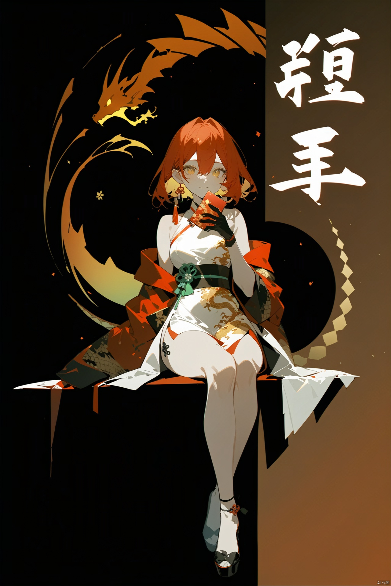  {artist:rella}, {artist:ask(askzy)},[artist:ningen_mame],artist:ciloranko, [artist:rei(sanbonzakura)],(hyper cute girl:1.1025), (flat color, vector art:1.3401), Chinese dragon theme, beautiful detailed eyes, hyper-detailed, hyper quality, eye-beautifully color, face, (her hair is shaped like a Chinese dragon, Chinese dragon, hair, Chinese dragon:1.2763), (1girl:1.2155), (high details, high quality:1.1576), (backlight:1.1576), high quality, (title:happy new year 2024:1.3), (cover design:1.2), simple background, cover art, trim, album_art, 
/, /, /, /, /, /, /, 
1girl, (chibi),jizi, 1girl, solo, red hair, gloves,white dress, jewelry, bangs, earrings, yellow eyes, hair between eyes, breasts, black footwear,
/, /, /, /, 
(((holding a little Chinese dragon))), (((sitting, Chinese dragon on legs))), [[smile]], large breast, dragon, (((Chinese dragon print))), (Loong:1.2), pajamas, kimono, bare shoulders, 
/, /, /, /, /, /, 
Chinese text,red_bandeau,year of the loong,loong pattern,lantern, red background, ((simple background)), ((happy new year 2024, new year theme, new year, 2024, gift box,)), (red decorations on dragon), ((Chinese new year)), Chinese knot, red ornaments, spring festival, 
/, /, /, /, /, /, /, 
hair with body, CTA dress, CAY leg, Loong hands, body with Loong, dress with Loong, light particles, (Hair with Loong:1.2155), small breast with Loong, 1girl, small breast, marbling with hair and clothes, (original:1.1025), (arm down:1.1025), (paper cutting:1.1025), 
------, 
Low saturation, grandmasterpiece,Perfectcomposition,filmlight,lightart
,鏃�, eastern dragon, nai3, jizi