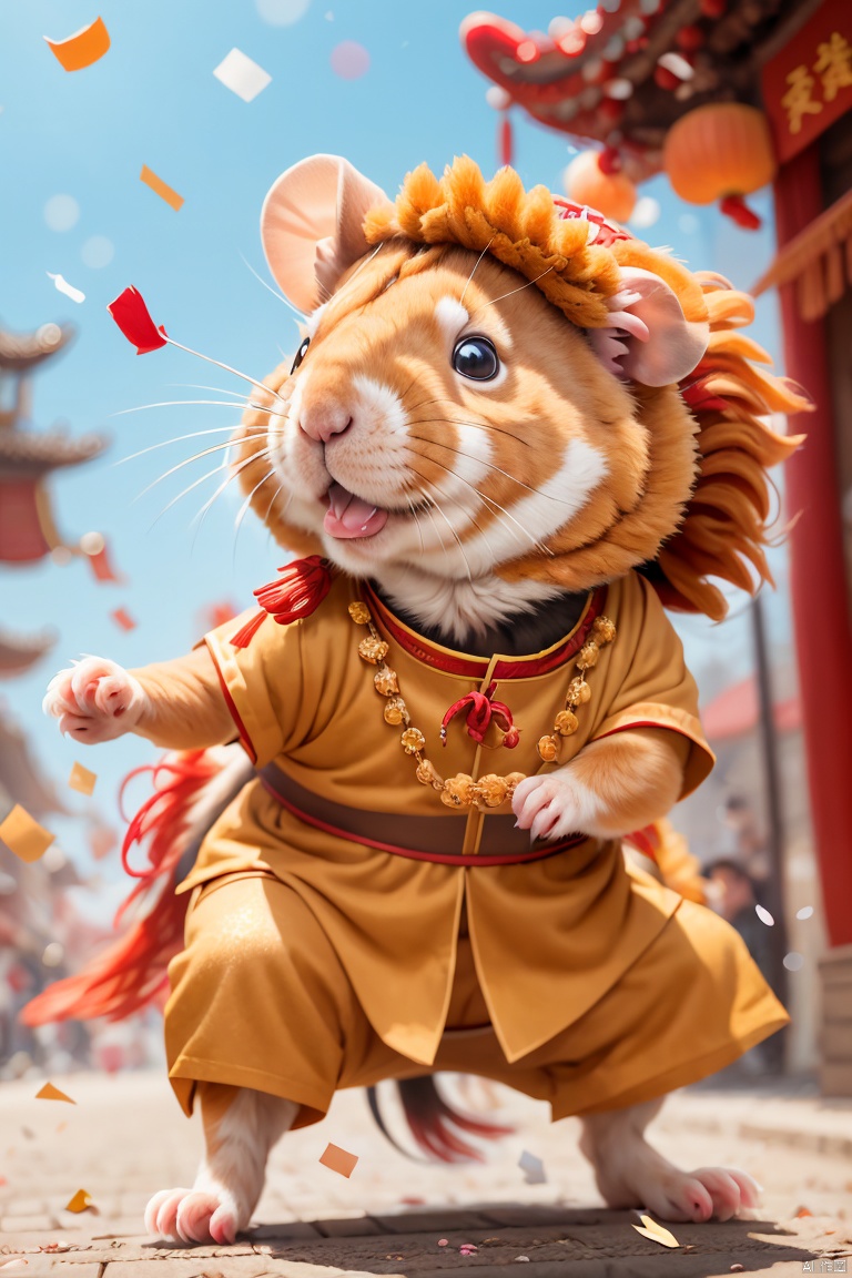  (anthropomorphic Hamster） ,Chinese lion dance,solo,confetti,colorful,outdoors,no humans,full body,blurry,day,wind,,festive atmosphere,, masterpiece, best quality,
