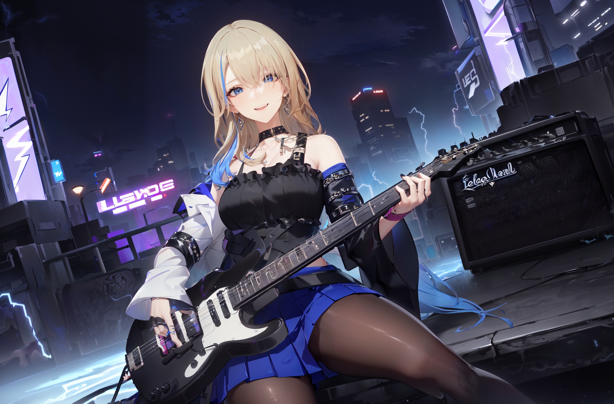 8k, best quality, masterpiece, (ultra-detailed:1.1), (high detailed skin), (Mature big sister playing electric guitar, electric guitar:1.2), (girl playing electric guitar:1.2), lightning effects, big sister, mature, cool sister, night, colorful neon lights, cyberpunk style, naughty face, The carnival scene, the intoxicating atmosphere, the lost self, <lora:xiluwa-v100:0.8:lbw=OUTALL>, xiluwa, 1girl, blonde hair, blue hair, black footwear, multicolored hair, long hair, skirt, earrings, pantyhose, blue eyes, jewelry, asymmetrical sleeves, bare shoulders, black choker, bangs, Lightning tattoo, thigh_strap, (beautiful_face), ((intricate_detail)), clear face, ((finely_detailed)), fine_fabric_emphasis, ((glossy)), full_shot