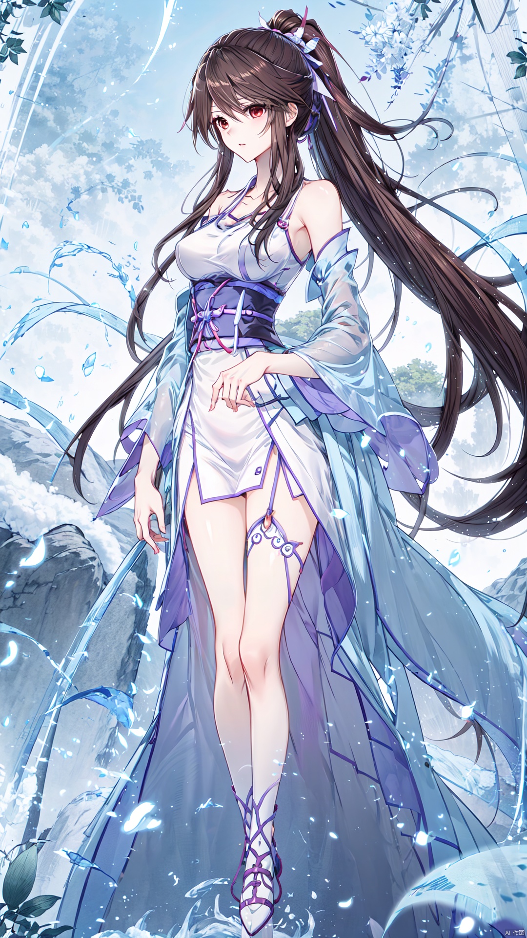  Beautiful Girl, Long hair, hairhigh ponytail, light purple dress, bare shoulders, long white tube of slim stockings, full body lens, lactation, , a girl, yeqinxian, kanade,brown hair