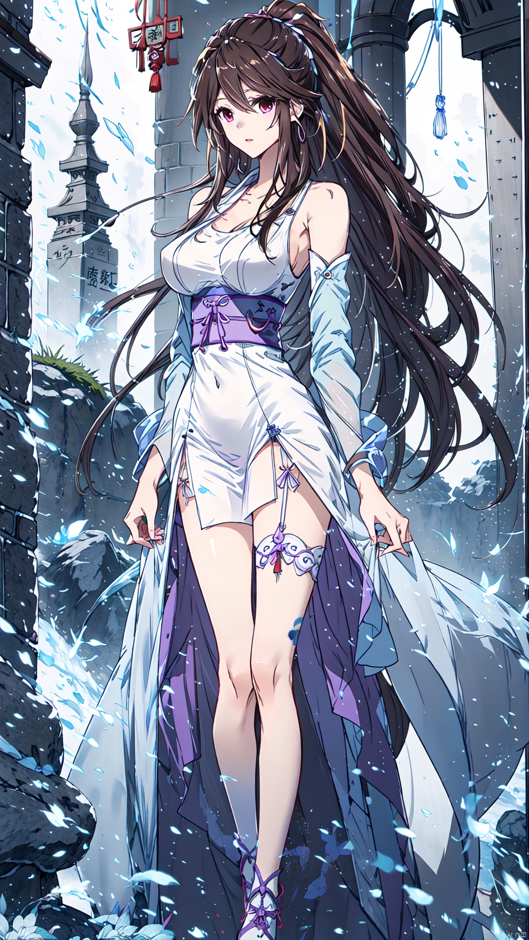  Beautiful Girl, Long hair, hairhigh ponytail, light purple dress, bare shoulders, long white tube of slim stockings, full body lens, lactation, , a girl, yeqinxian, kanade,brown hair