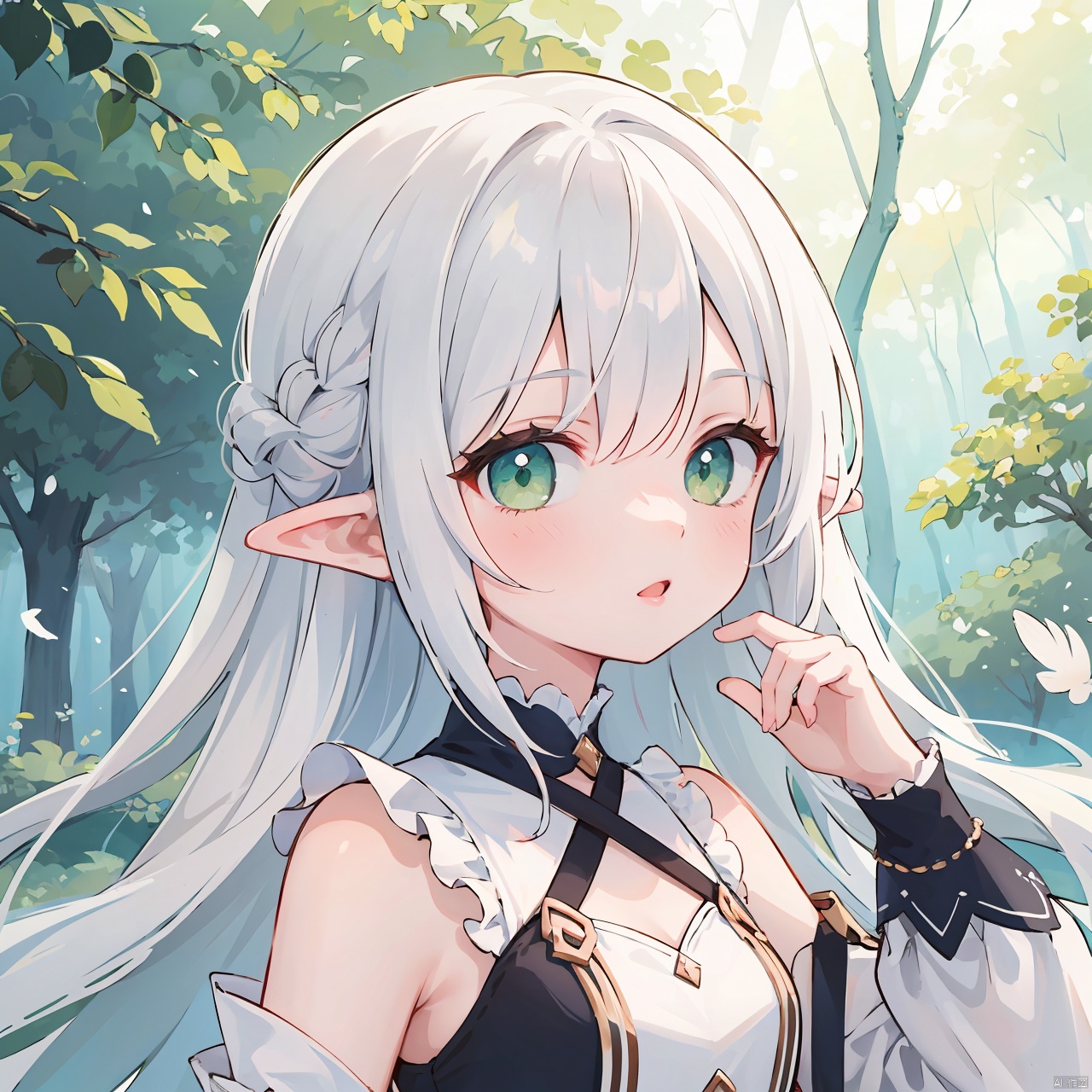 (((masterpiece))), (((best quality))), ((ultra-detailed)), (illustration), ((an extremely delicate and beautiful)),dynamic angle,floating, (beautiful detailed eyes), (detailed light) (1girl), loli, small_breasts, floating_hair,  glowing eyes, pointy_ears, white hair, green eyes,halter dress, feather, leaves, nature, (sunlight), river, (forest),(painting),(sketch),(bloom)