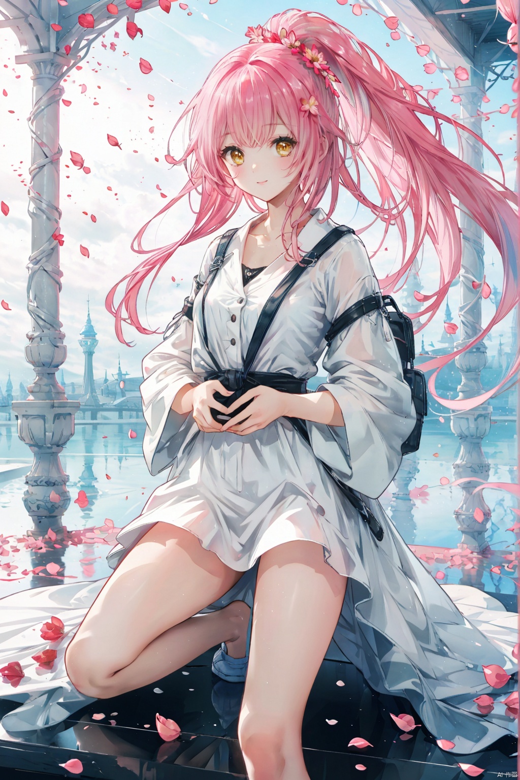 1girl,Pink hair,Yellow eyes, ,high ponytail,white collared shirt,hair flower,fipped hair,floating hair,Frown,hands in pockets, kneeling on lake, blood, (plenty of red petals:1.35), (white background:1.5), (English text),


 Highest picture quality, masterpiece, exquisite CG, exquisite and complicated hair accessories, big watery eyes, highlights, natural light, Super realistic, cinematic lighting texture, absolutely beautiful, 3D max, vray, c4d, ue5, corona rendering, redshift, octane rendering, （Show whole body）, （all body）, a girl