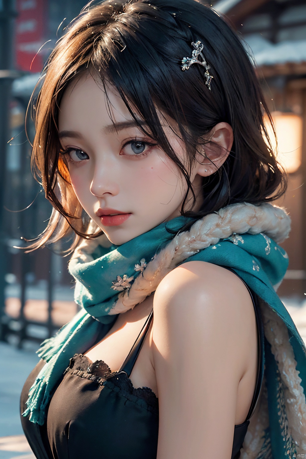  masterpiece,best quality,official art,extremely detailed CG unity 8k wallpaper,large breasts, 1girl, upper body, face close up,scarf, maid, snow shelter,exposure blend, medium shot, bokeh, (hdr:1.4), high contrast, (cinematic, teal and orange:0.85), (muted colors, dim colors, soothing tones:1.3),
