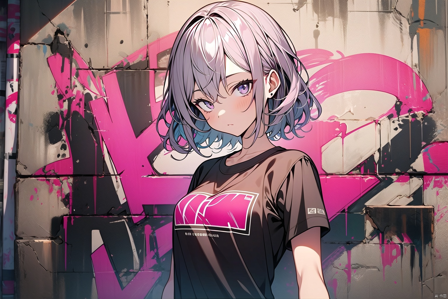 1girl,graffiti,in the style of dark silver and light pink,street scene,utilitarian,8k,shiny/glossy,toonami,uniformly staged images,graffiti,t-shirt,bare arms,,
