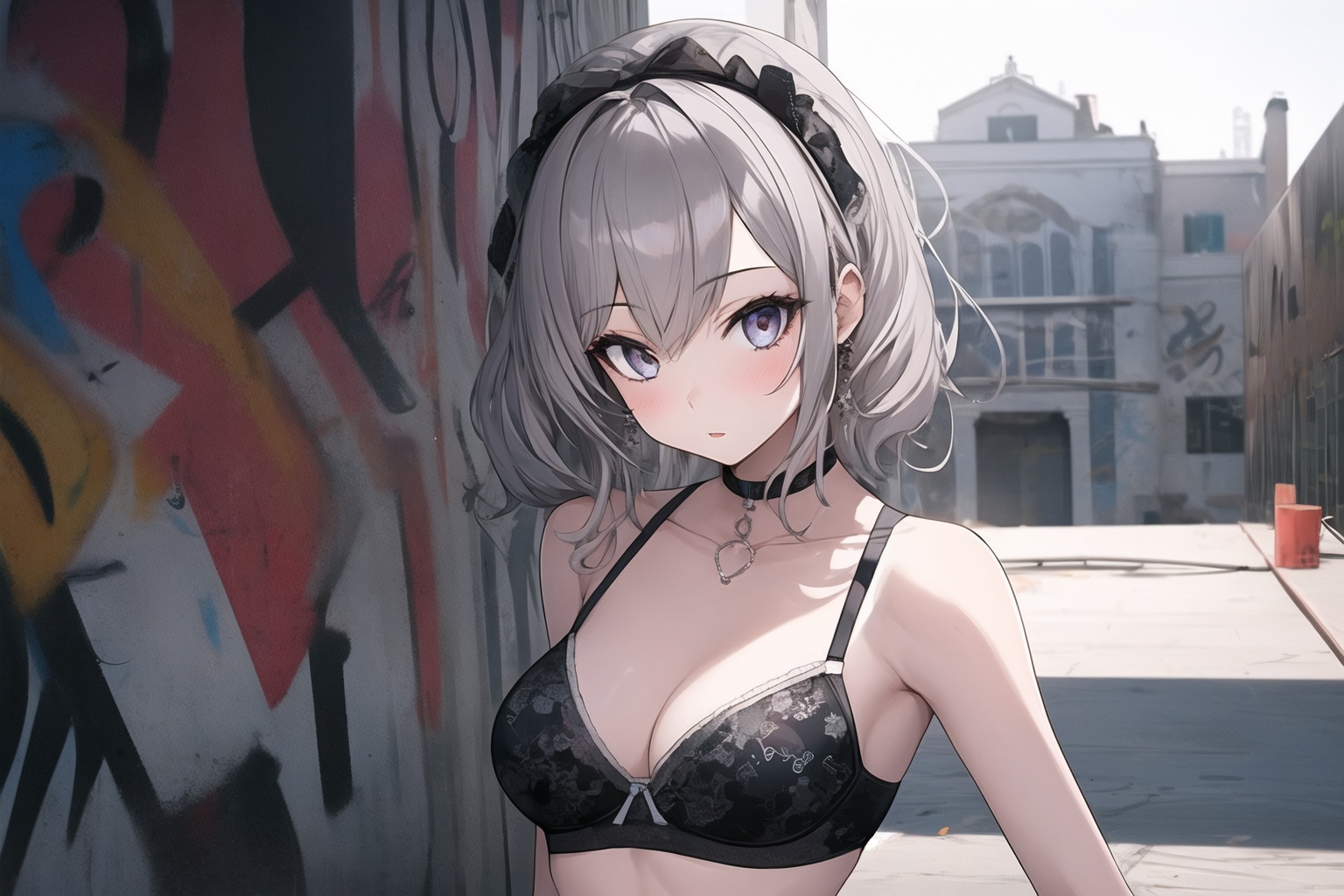 1 girl,in the style of nightcore,dark silver and light gray,shiny/glossy,ue5,modular,kawaiipunk,ferrania p30,brassiere,bare-chested,graffiti,<lora:February:0.8>,