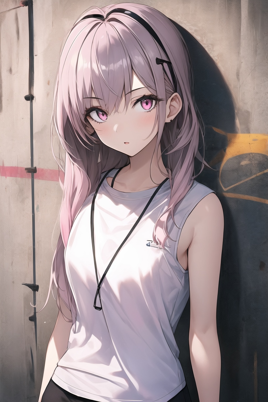 1girl,graffiti,in the style of dark silver and light pink,street scene,utilitarian,8k,shiny/glossy,toonami,uniformly staged images,graffiti,t-shirt,bare arms,<lora:February:0.8>,