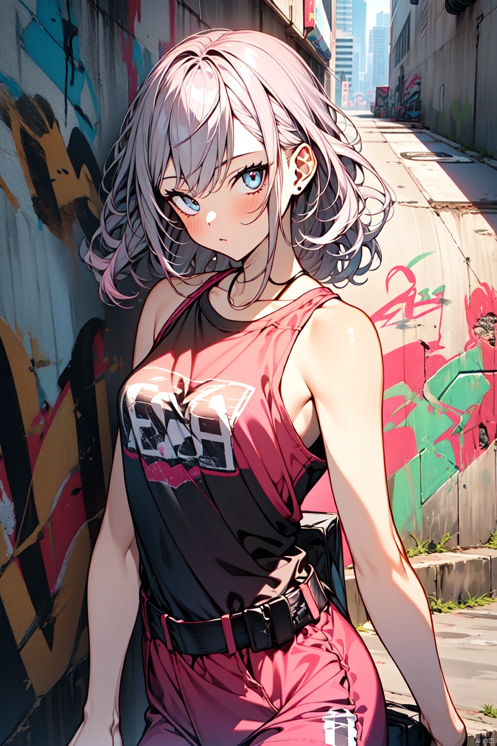 1girl,graffiti,in the style of dark silver and light pink,street scene,utilitarian,8k,shiny/glossy,toonami,uniformly staged images,graffiti,t-shirt,bare arms,,
, graffiti