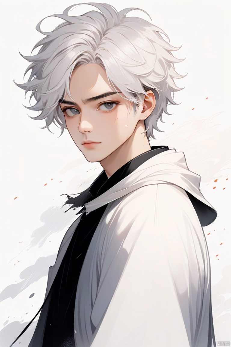 (masterpiece, top quality, best quality, official art, beautiful and aesthetic:1.2),jijian,Minimalism, minimalist line drawing,portrait,white_background,1male,((handsome man:1.5)),messy white hair,portrait,cold attitude,best light and shadow, day, depth of field, wmchahua