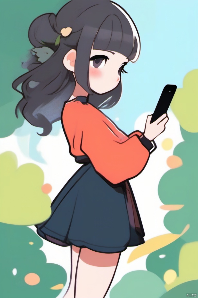(masterpiece, top quality, best quality, official art, beautiful and aesthetic:1.2),jijian,doodle,1girl,chibi face,hold a cellphone,dress,solid colors,shadow,layers