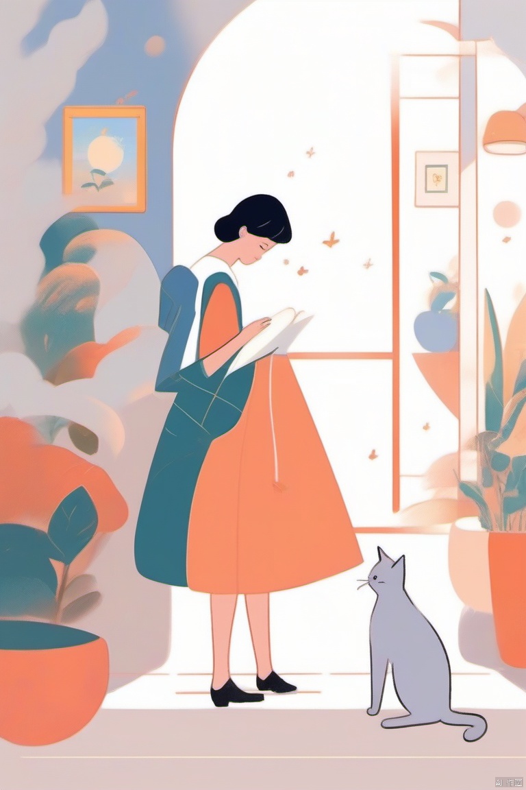 (masterpiece, top quality, best quality, official art, beautiful and aesthetic:1.2),bianpingshouhui,1girl,with a cat,doodle, simple details,minimalist,flat illustration