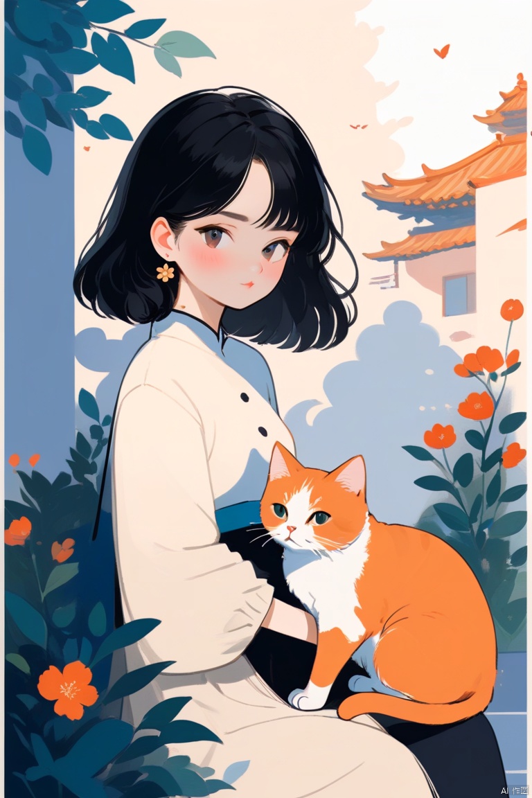 (masterpiece, top quality, best quality, official art, beautiful and aesthetic:1.2),bianpingshouhui,1girl,with a cat,doodle, simple details,minimalist,flat illustration, wmchahua