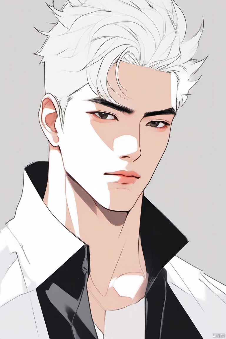 (masterpiece, top quality, best quality, official art, beautiful and aesthetic:1.2),jijian,Minimalism, minimalist line drawing,portrait,white_background,1male,((handsome man:1.5)),messy white hair,portrait,cold attitude,best light and shadow, day, depth of field