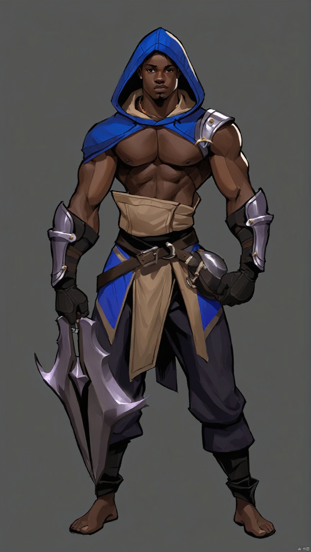(European and American Style) (Figure Drawing), Solo, Male Focus, Gray Background, 1 Boy, Hood, Dark Skin, Gloves, Full Body, Hood Up, Dark Skinned Male, Simple Background, Black Hair, Standing, Muscle, Fingerless Gloves, Looking At Audience, Weapons, Hand Held, Armor, Pants, Muscle Male, Short Hair, Bare Shoulders, Facial Tattoos, Sandals