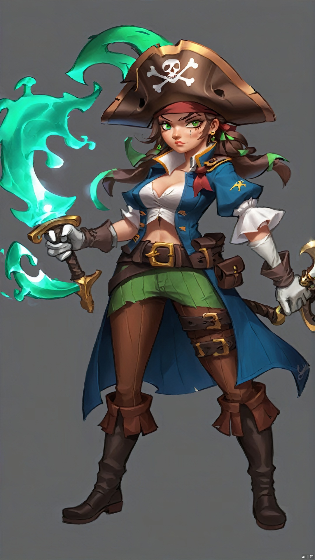 (european and american style) (character drawing), 1girl, green eyes, solo, weapon, hat, grey background, pirate hat, pirate, brown footwear, brown hair, sword, torn clothes, pants, single glove, full body, simple background, boots, belt, ascot, standing, hand on hip, looking at viewer, brown gloves, brown belt, tentacles, black pants, holding weapon, gloves, holding, short sleeves