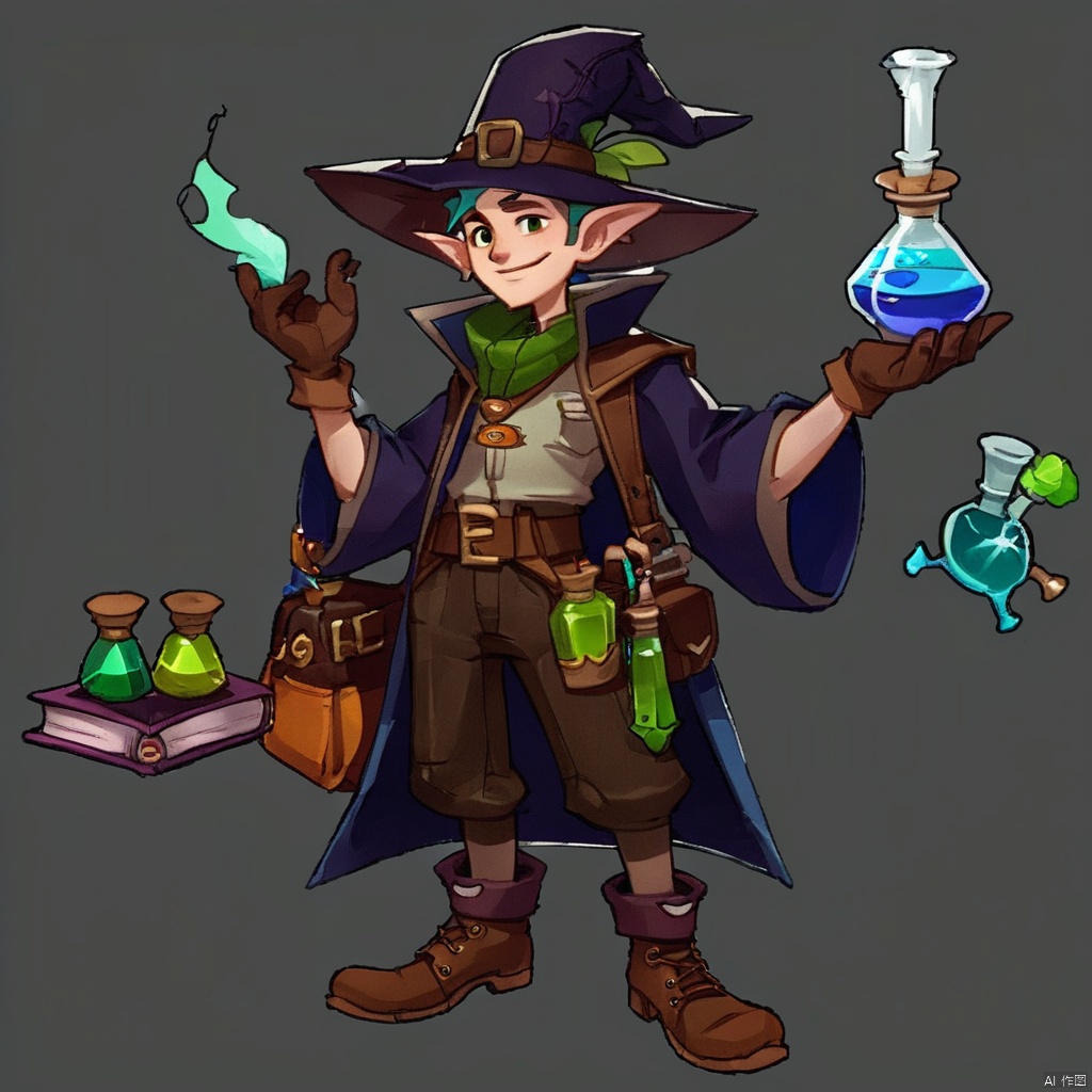 (European and American Style) (Character Stands), Gloves, Single, Hat, Potions, Pointed Ears, Gray Background, 1boy, Simple Background, Hand Held, Male Focus, Brown Shoes, Smile, Belt, Full Body, Book, Witch Hat, Pants, Vial, Standing, Earrings, Test Tube, Boots, Flask, Jewelry, Green Gloves, Blue Gloves