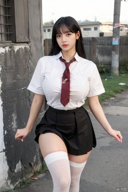  1girl, necktie,black skirt,pleated skirt,shirt,short sleeves,white stocking,outdoors,