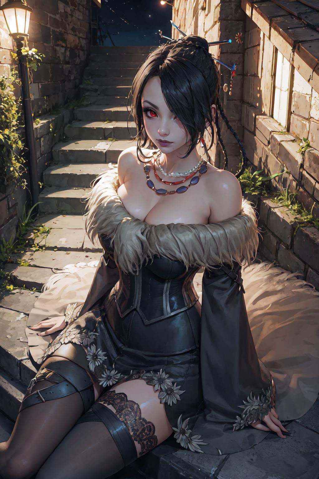 LuluX, red eyes, jewelry, strapless dress, thighhighs, fur trim, moogle, off-shoulder dress, <lora:LuluV3:1>, stairs, outdoors, night, sitting, from above, 