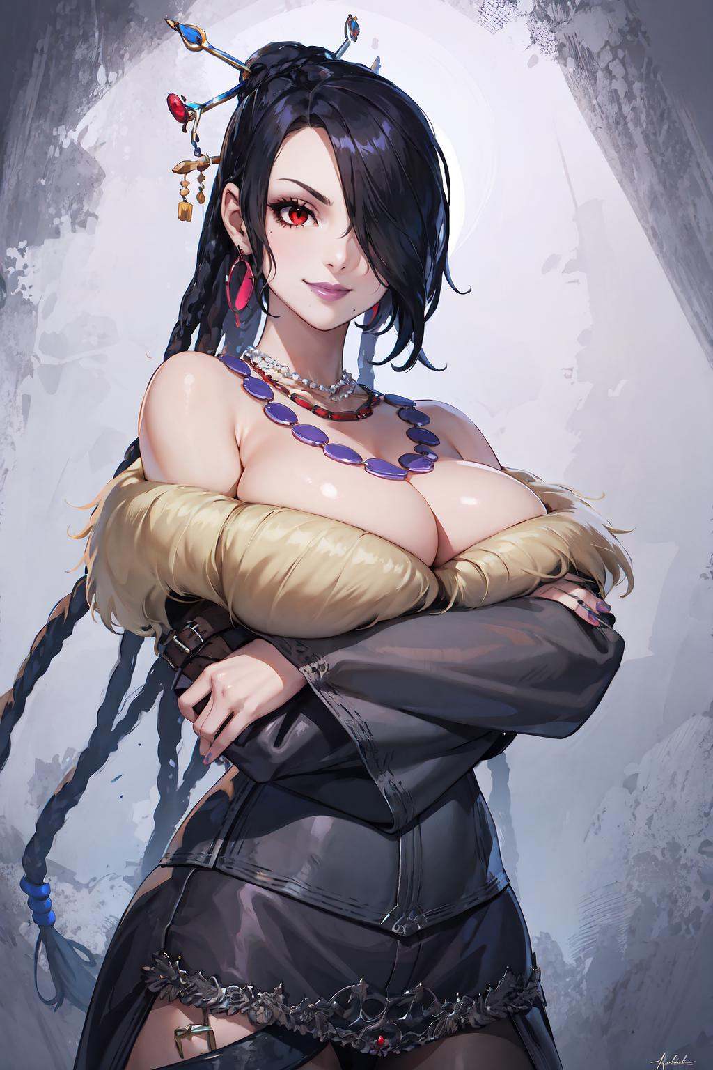 LuluX, red eyes, jewelry, strapless dress, belt, multiple belts, fur trim, off-shoulder dress, large breasts, <lora:LuluV3:1>, cowboy shot, seductive smile, crossed arms, 