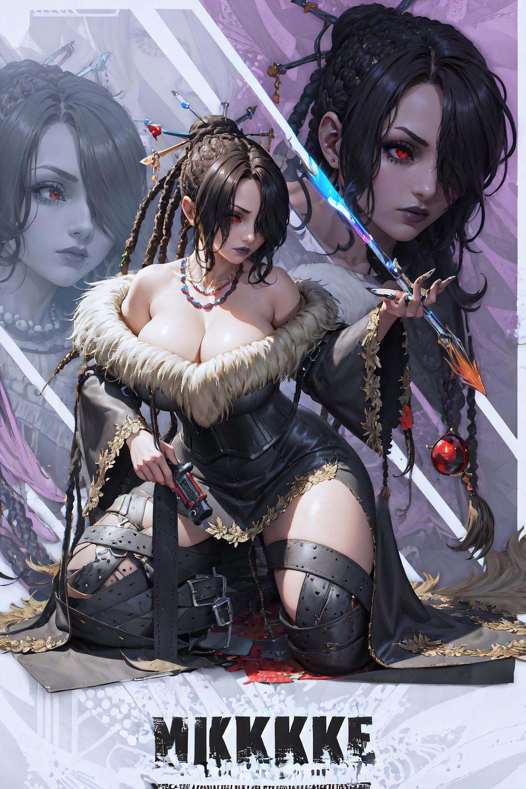 LuluX, red eyes, jewelry, strapless dress, belt, multiple belts, fur trim, off-shoulder dress, large breasts, <lora:LuluV3:1>, IncrsNikkeProfile, full body, zoom layer, holding weapon, holding gun, one knee, <lora:Pos_NikkeProfile:0.9>, hair over one eye, 
