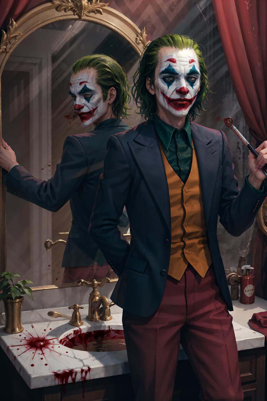 IncrsDualPersonaRef, <lora:DualPersonaReflection:1>, mirror, blood, The Joker, <lora:Char_Sigmas_Joker:0.7>