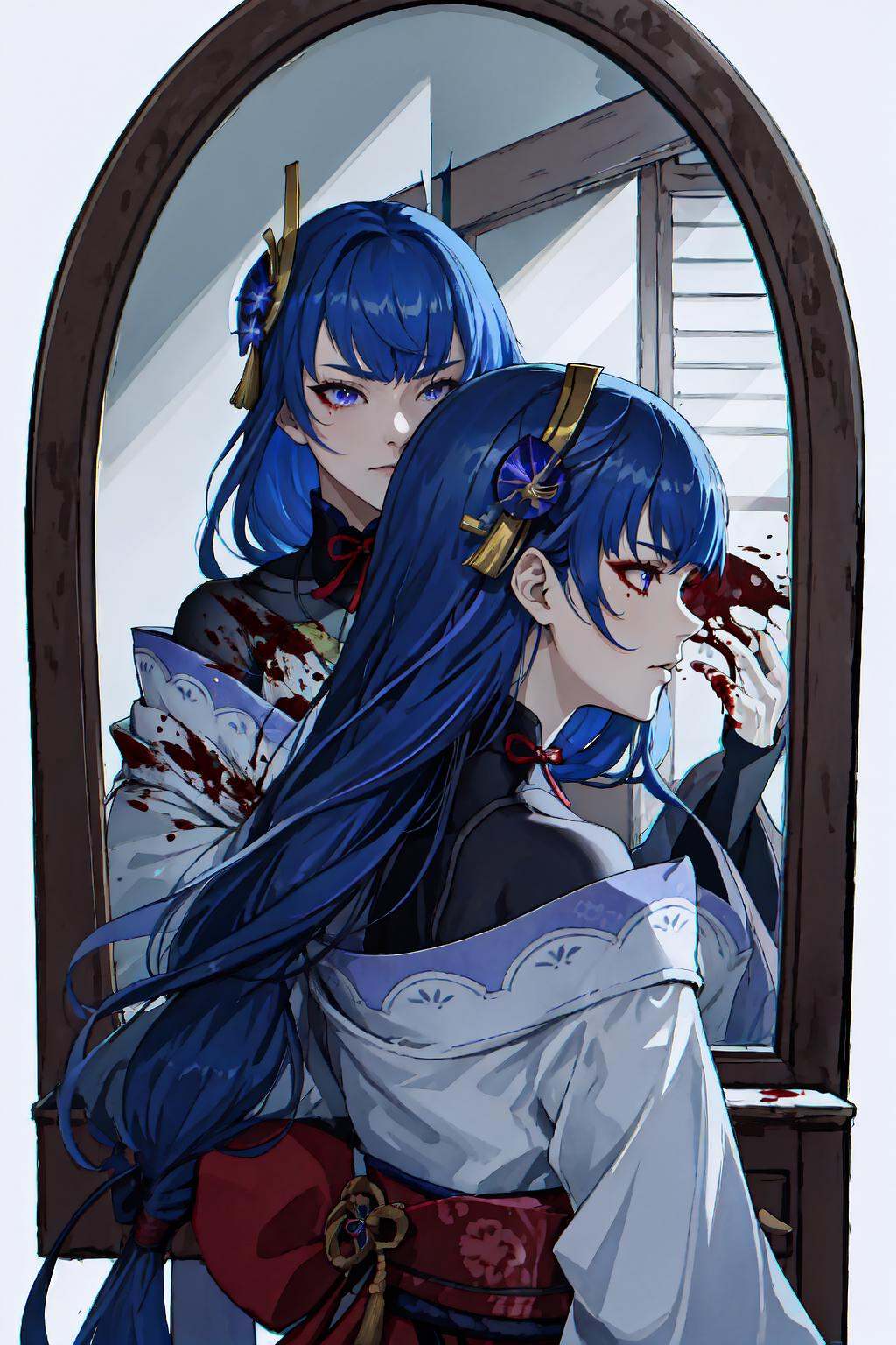 IncrsDualPersonaRef, <lora:DualPersonaReflection:1>, mirror, Raiden_Shogun_\(genshin impact\), Raiden_Shogun:1.2, blue hair, long hair, <lora:Char_GenshinImpact_RaidenShogun:0.8>, blood, 