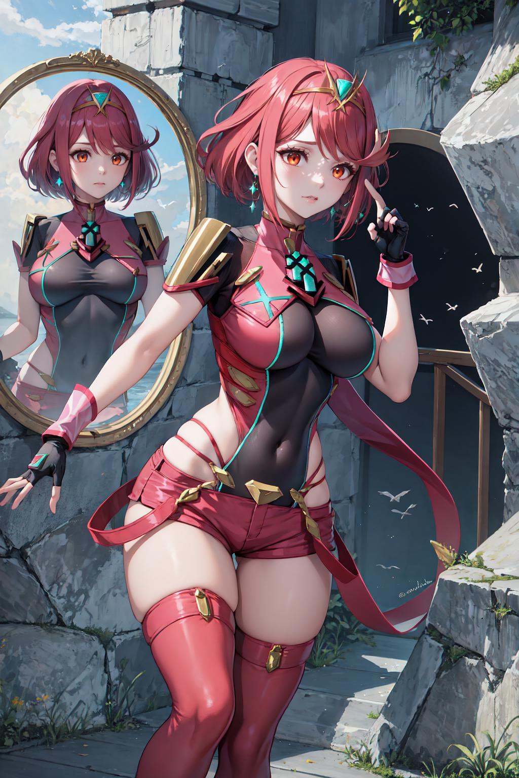 IncrsDualPersonaRef, <lora:DualPersonaReflection:1>, mirror, pyradef, tiara, earrings, chest jewel, impossible clothes, fingerless gloves, red shorts, thighhighs, <lora:Char_Xenoblade_Pyra:1>