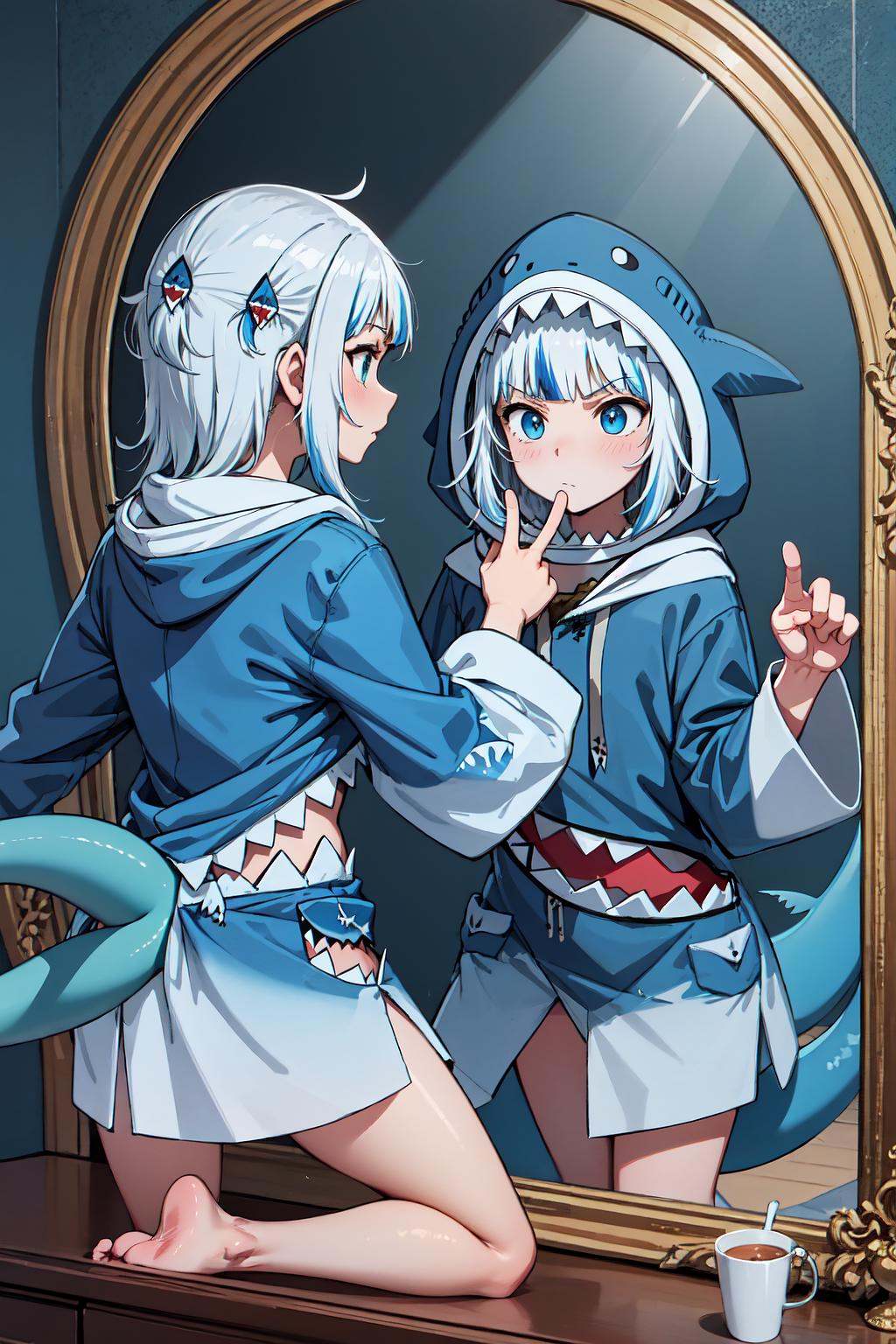 IncrsDualPersonaRef, <lora:DualPersonaReflection:1>, mirror, gawr gura, tail, shark tail, blue hoodie, shark print, shark hair ornament, hood, hood up, <lora:Char_VTuber_GawrGura:1>, rock paper scissors, 