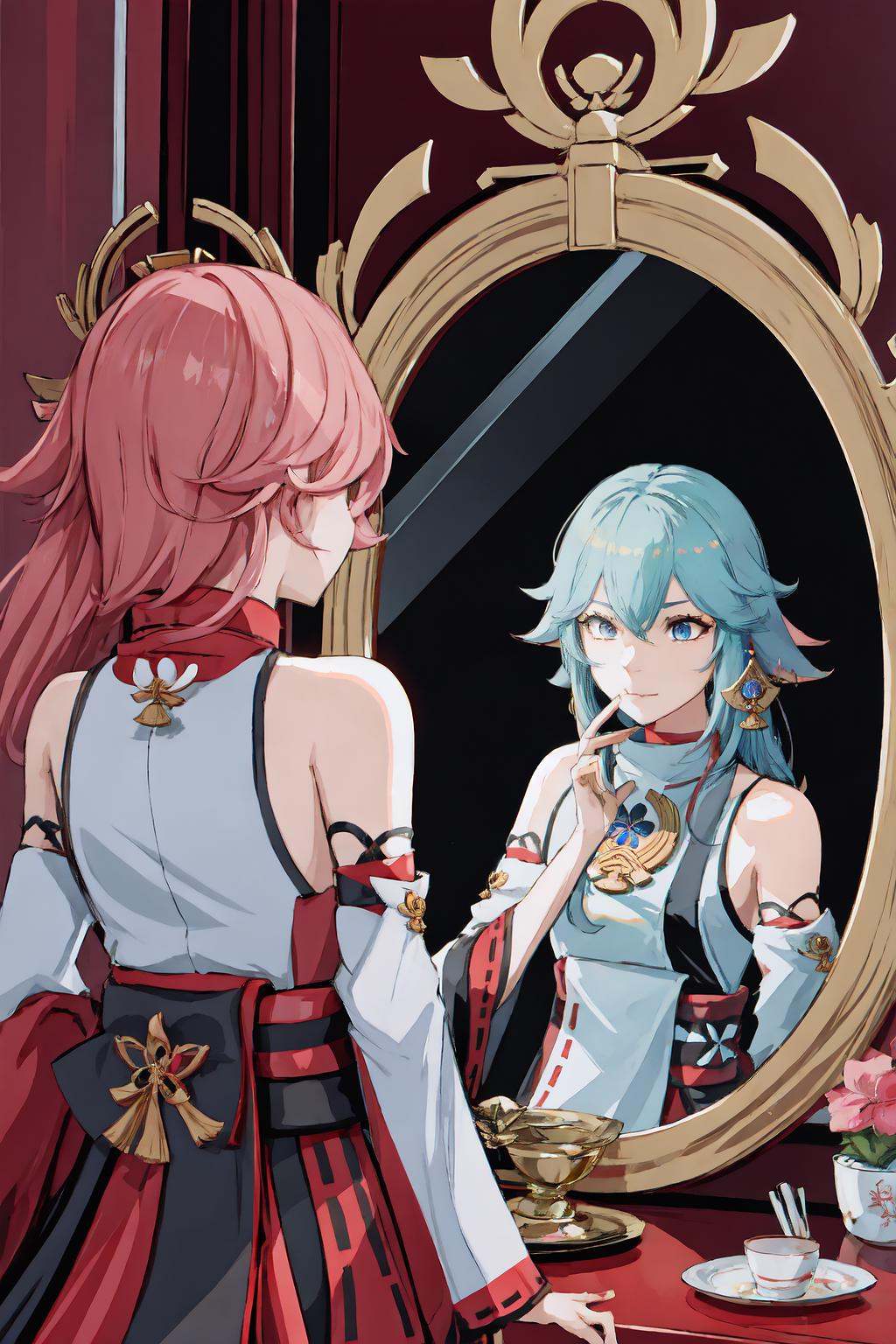 IncrsDualPersonaRef, <lora:DualPersonaReflection:1>, yae miko, <lora:Char_GenshinImpact_YaeMiko:1>, mirror, 